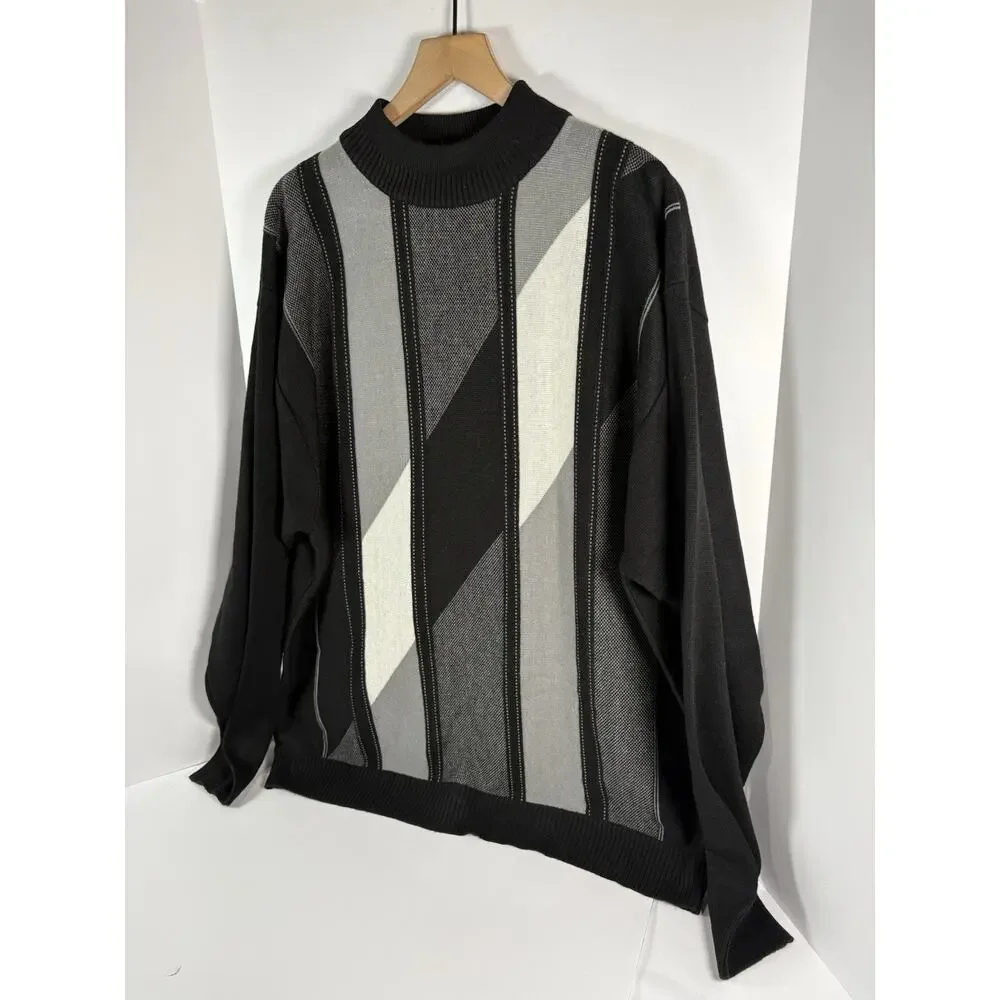 GACHU Mens 2XL Mock Neck Sweater Black Gray Geometric Colorblock Acrylic Knit